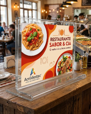 Display de PS Cristal acrilico similar T invertido para balcão mesa restaurante A6 10x15 Horizontal