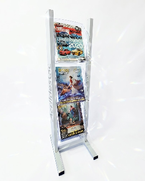 Expositor Acrilico de chão 3 Bolsos 1,00mt Alt Base Aluminio Branco Porta Revista e Folhetos