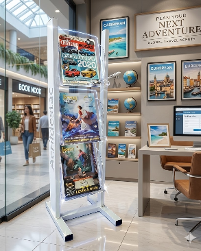 Expositor Acrilico de chão 3 Bolsos 1,00mt Alt Base Aluminio Branco Porta Revista e Folhetos