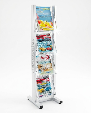Expositor Acrilico de chão 4 Bolsos 1,20mt Alt Base Aluminio Branco Porta Revista e Folhetos