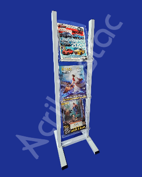 Expositor Acrilico de chão 3 Bolsos 1,00mt Alt Base Aluminio Branco Porta Revista e Folhetos